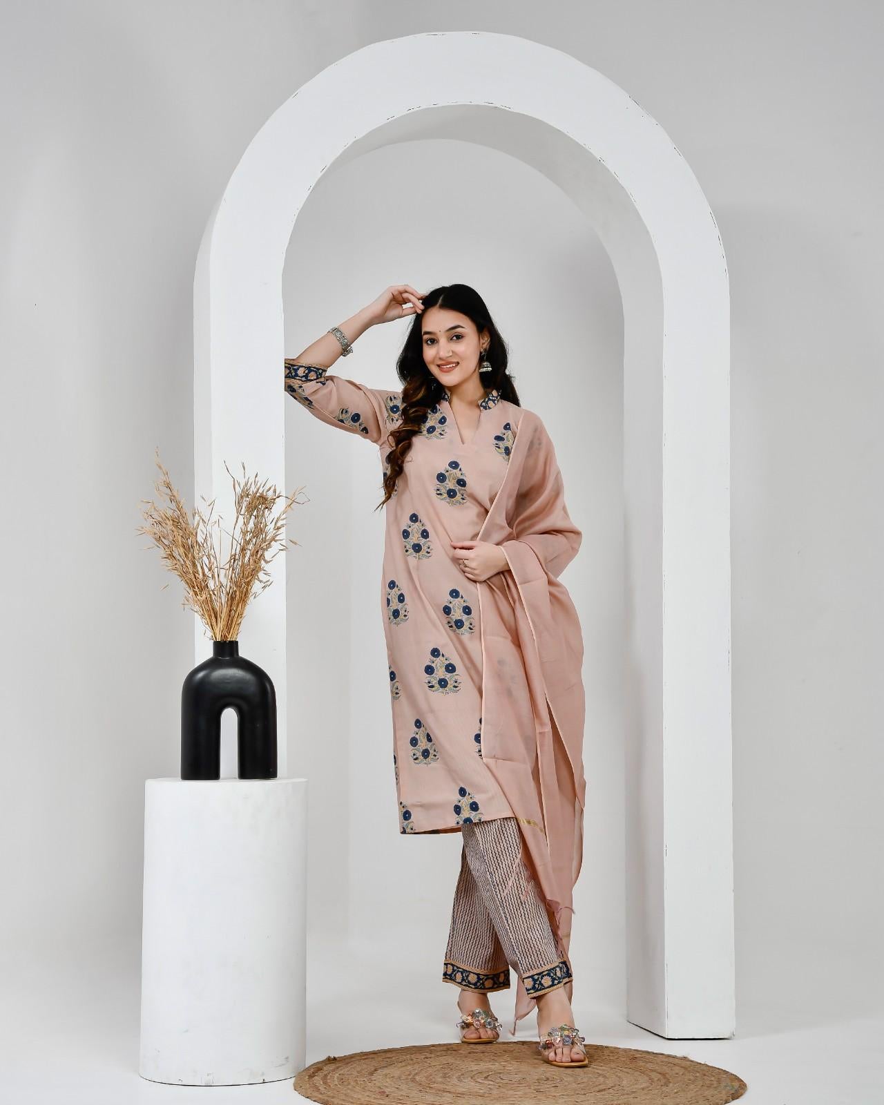 Chhaape Neela Coffee Cotton Suit Set with Chanderi Dupatta