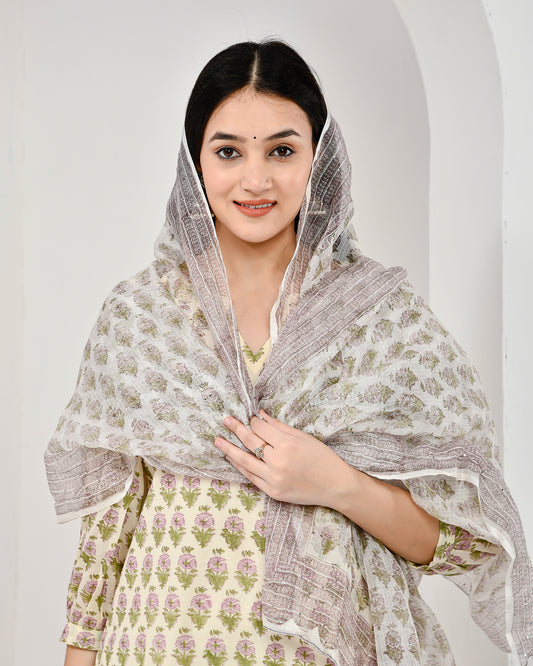 Suhana Printed Cream Cotton Suit Set with Kota Doriya Dupatta