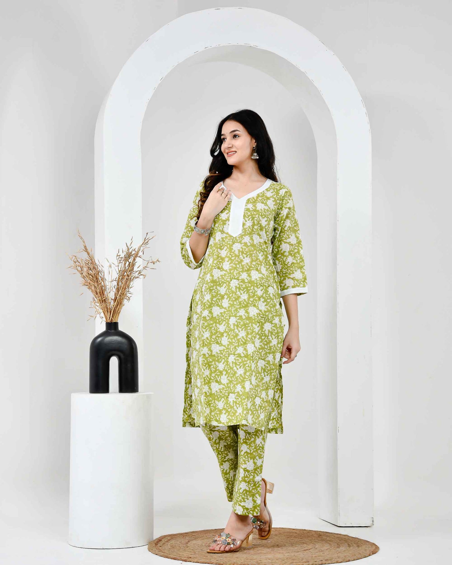 Noor Green & White Block Printed Cotton Cord Set