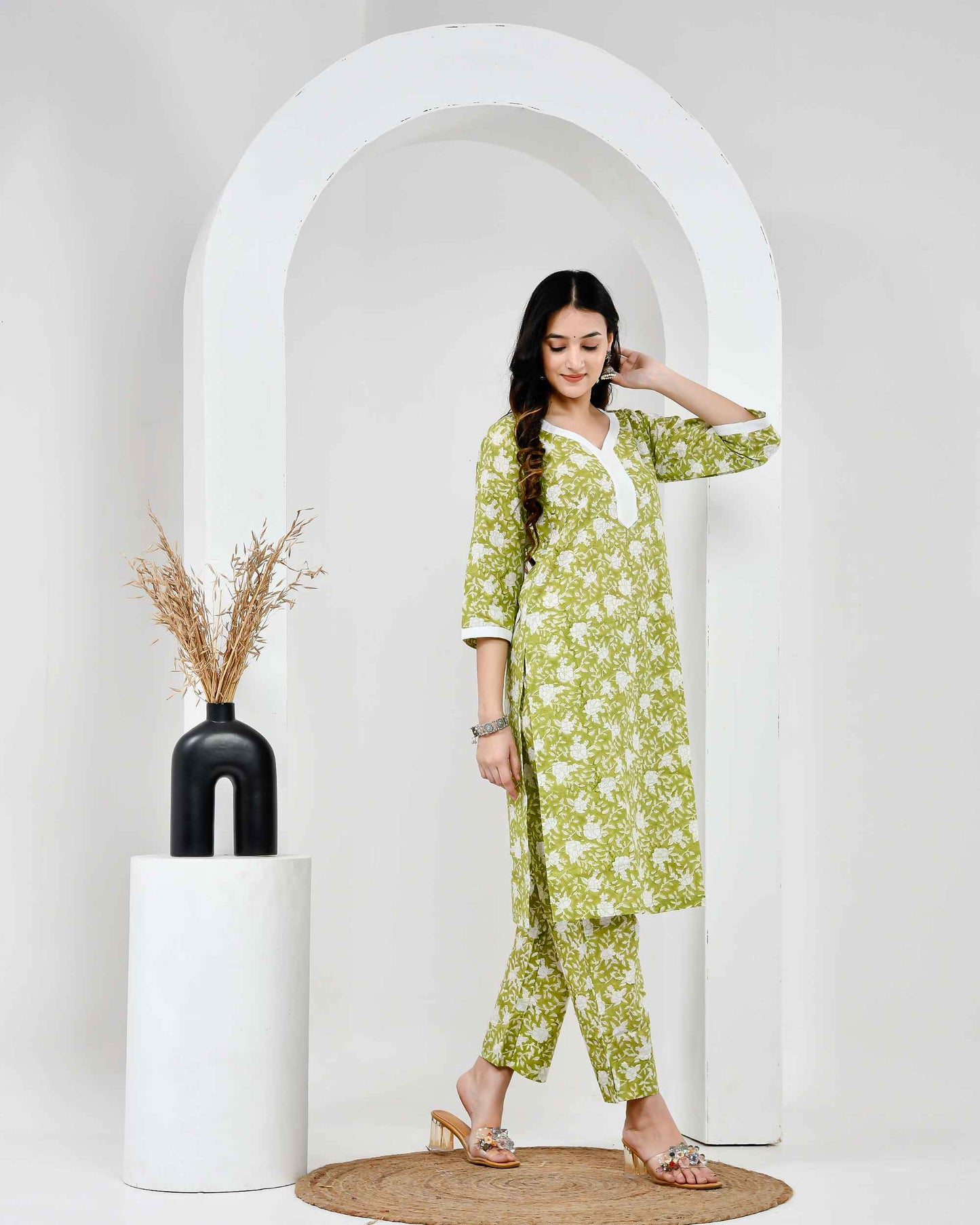 Noor Green & White Block Printed Cotton Cord Set