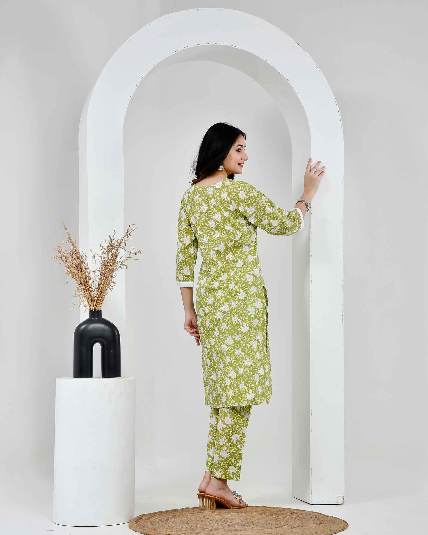 Noor Green & White Block Printed Cotton Cord Set