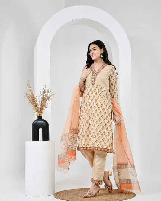 Mehka Saawan Peach Cotton Suit Set with Kota Doriya Dupatta