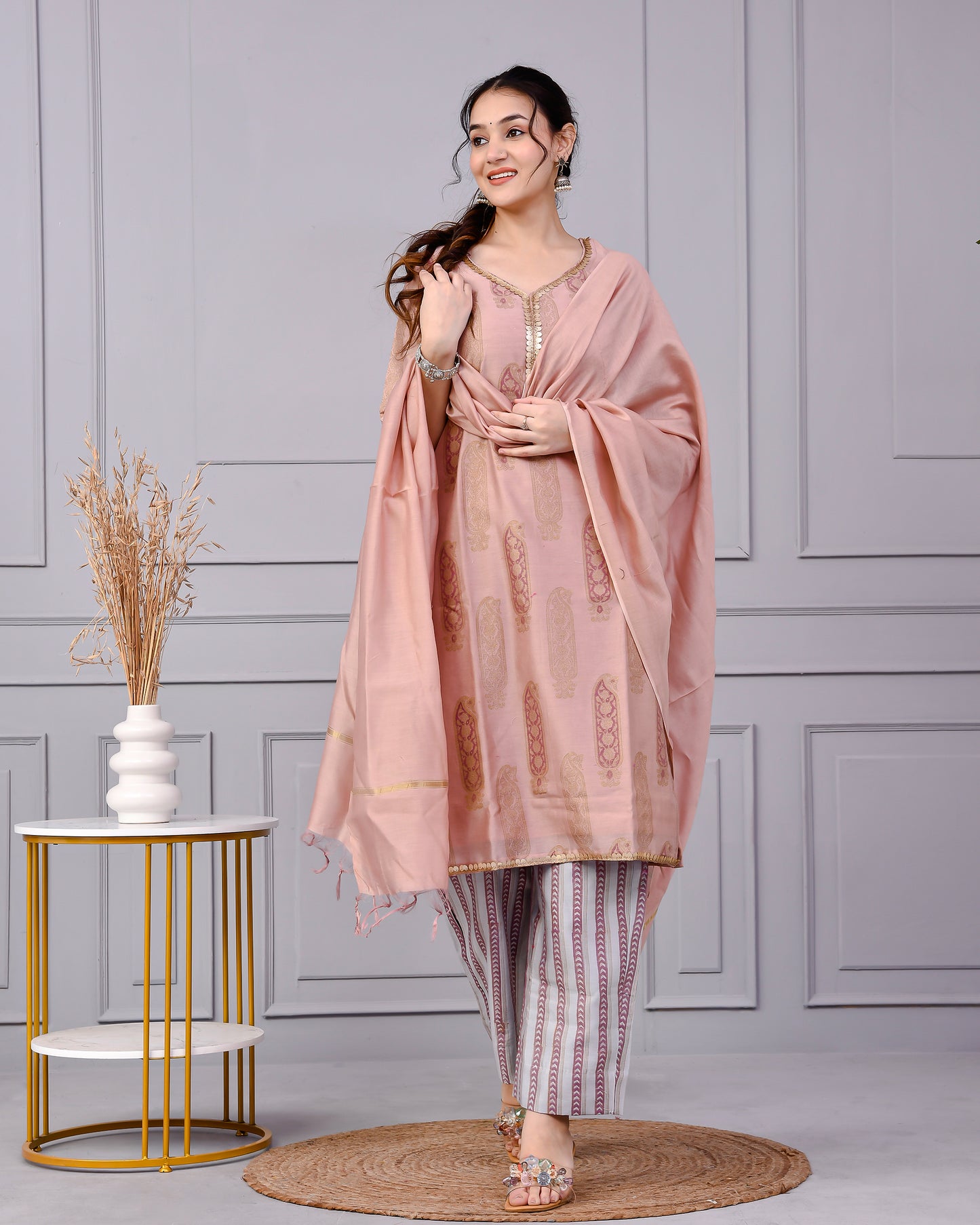 Zehra Zari Onion Cotton Suit Set with Chenderi Dupatta