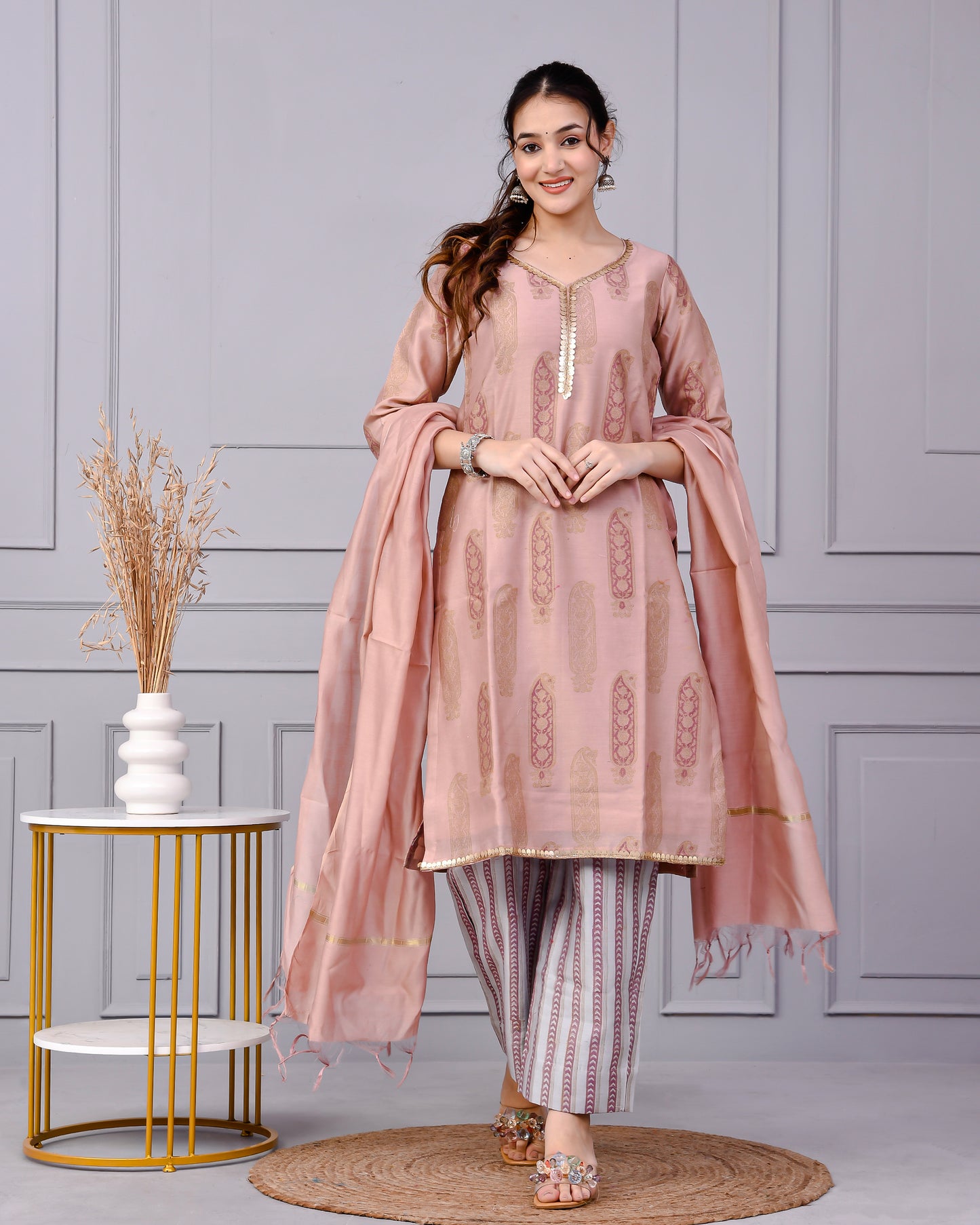 Zehra Zari Onion Cotton Suit Set with Chenderi Dupatta