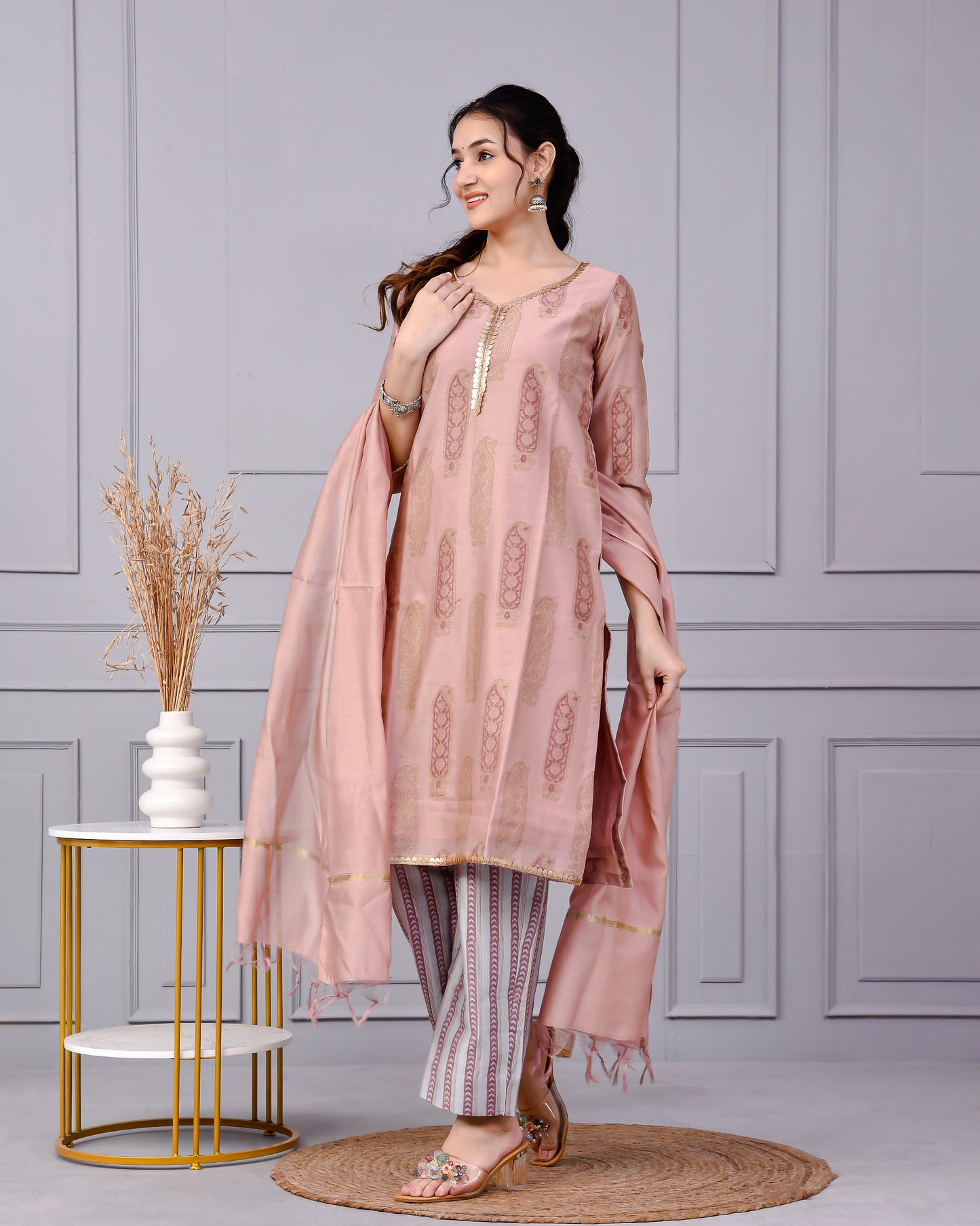 Zehra Zari Onion Cotton Suit Set with Chenderi Dupatta