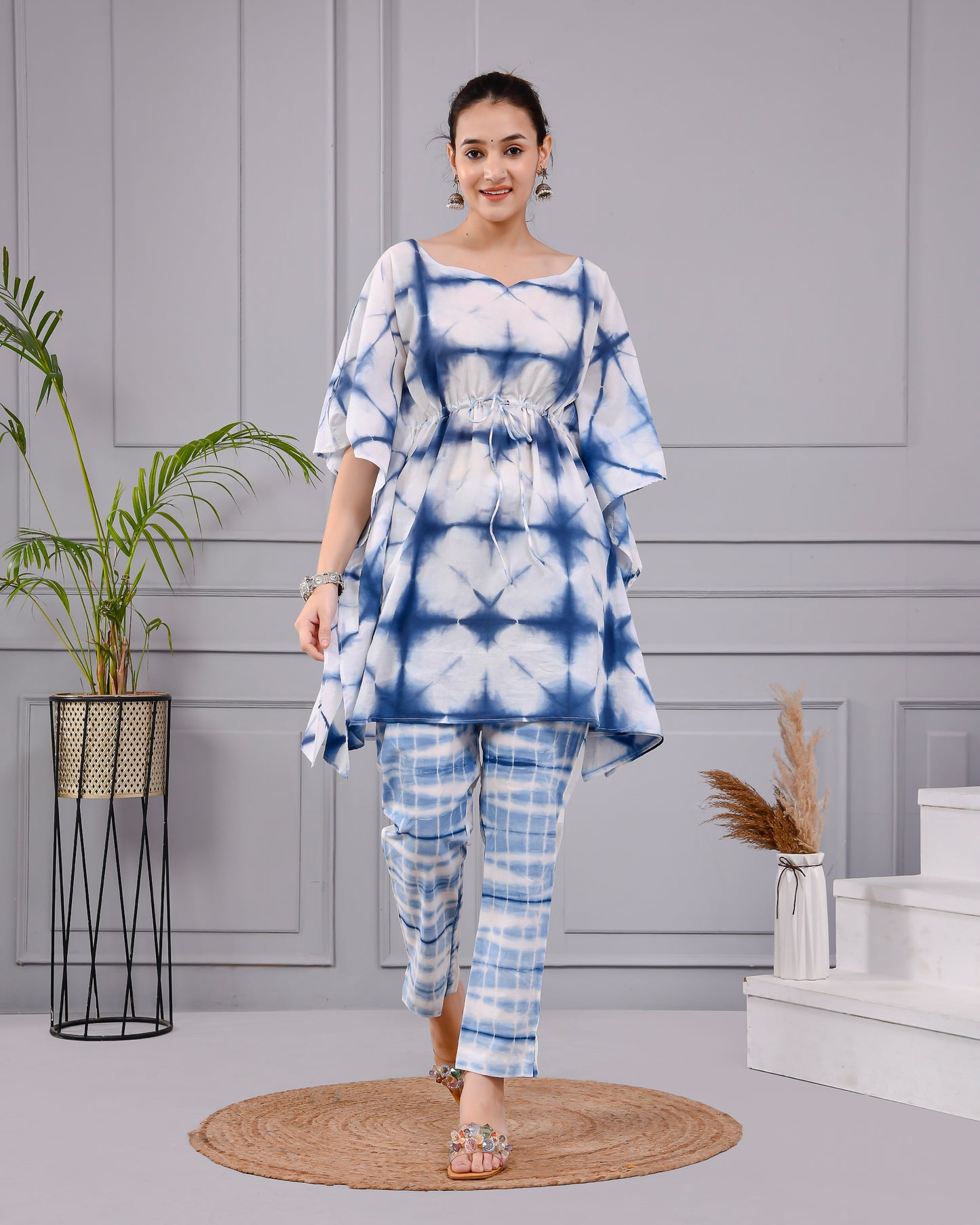 Indigo Shibori Tie-Dye Kaftan Set | Hand Dyed Cotton Co-ord Set | Drawstring Tunic & Pants | Summer Resort Wear for Women (XS–5XL)