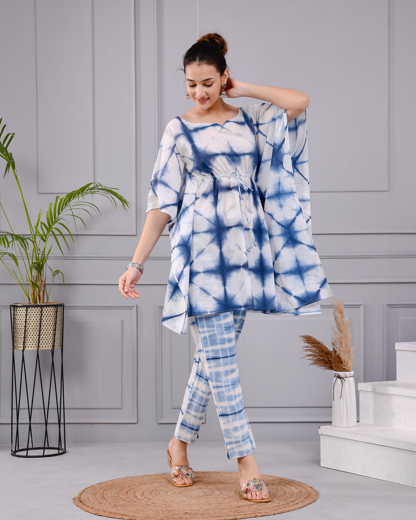 Indigo Shibori Tie-Dye Kaftan Set | Hand Dyed Cotton Co-ord Set | Drawstring Tunic & Pants | Summer Resort Wear for Women (XS–5XL)