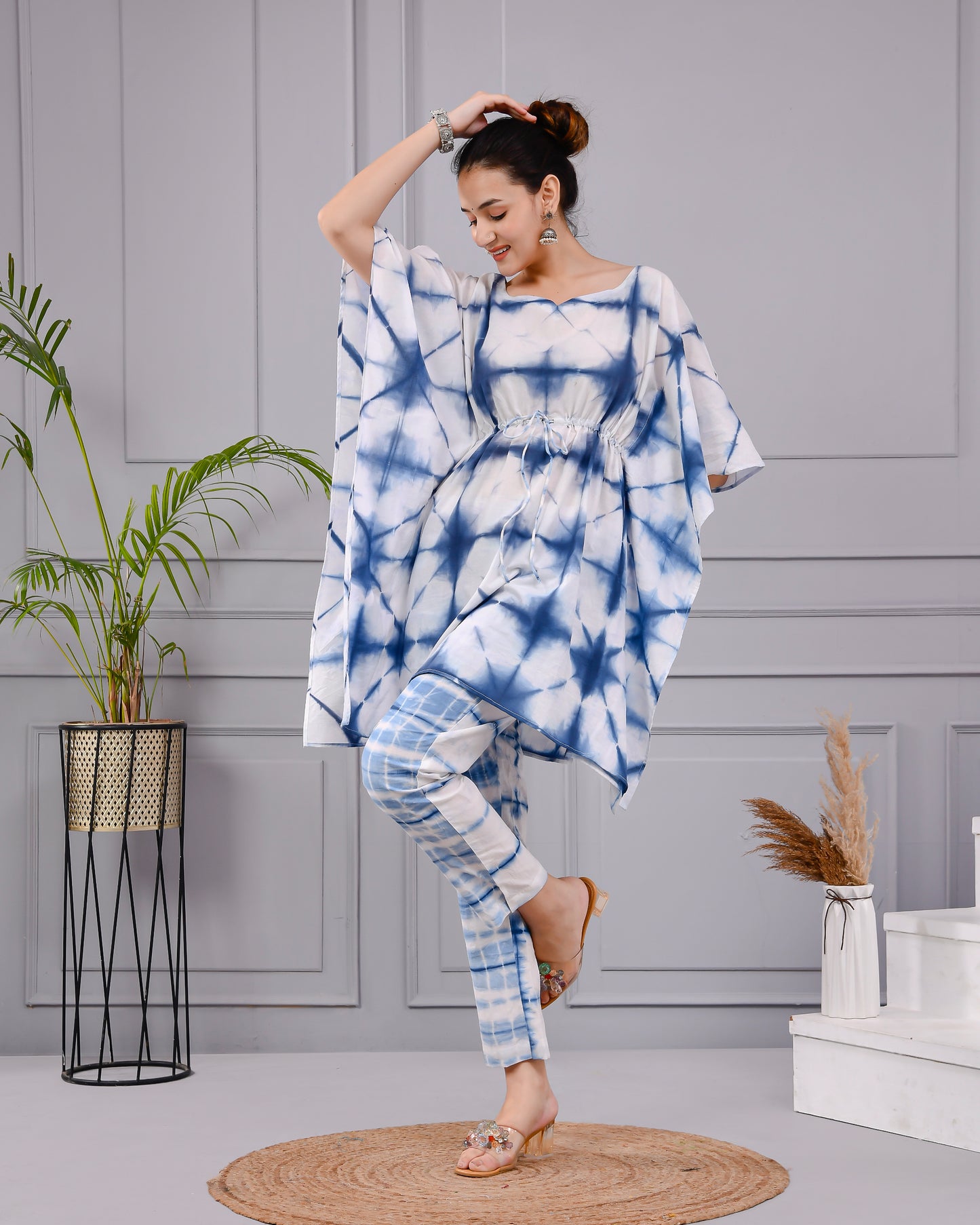 Indigo Shibori Tie-Dye Kaftan Set | Hand Dyed Cotton Co-ord Set | Drawstring Tunic & Pants | Summer Resort Wear for Women (XS–5XL)