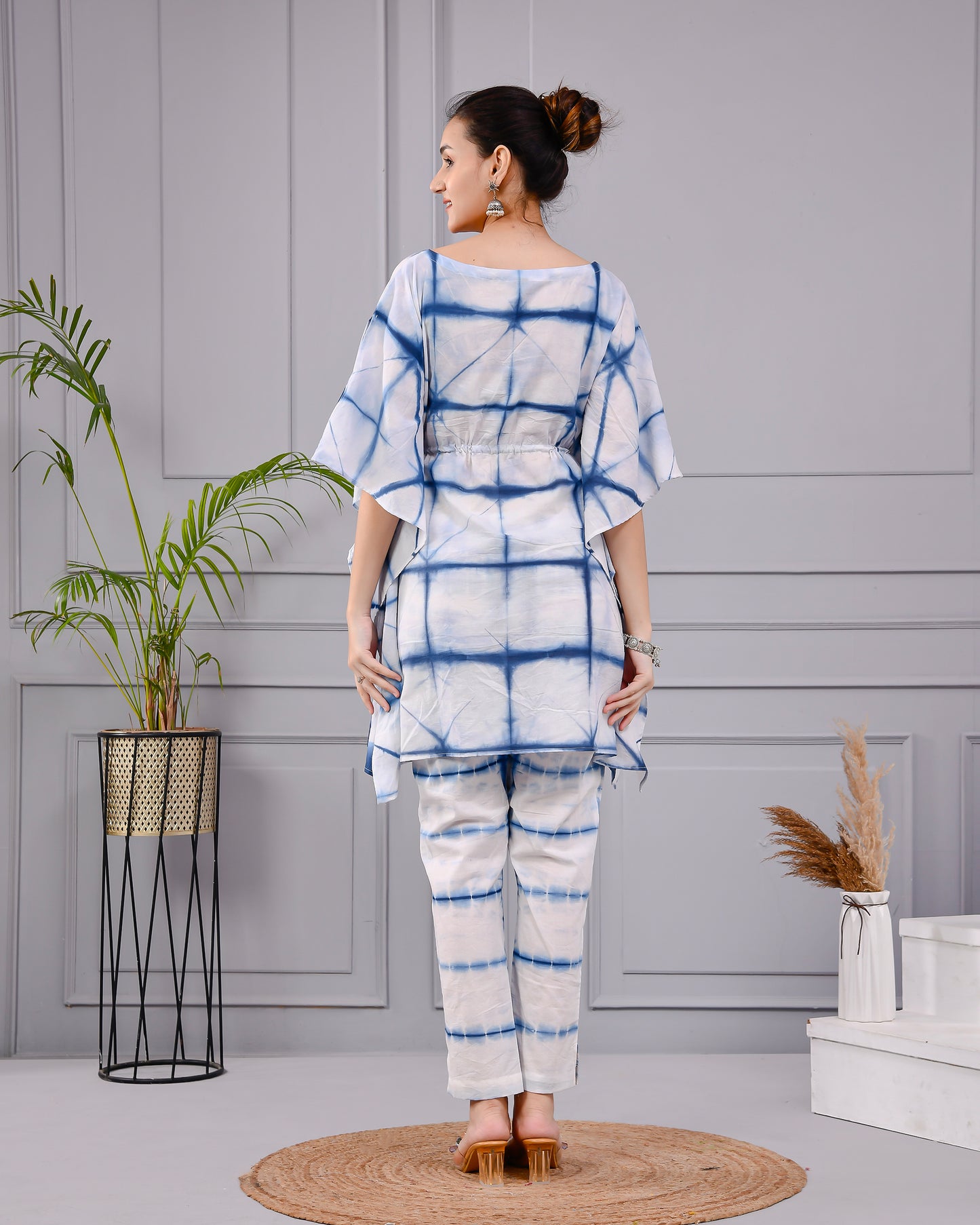 Indigo Shibori Tie-Dye Kaftan Set | Hand Dyed Cotton Co-ord Set | Drawstring Tunic & Pants | Summer Resort Wear for Women (XS–5XL)