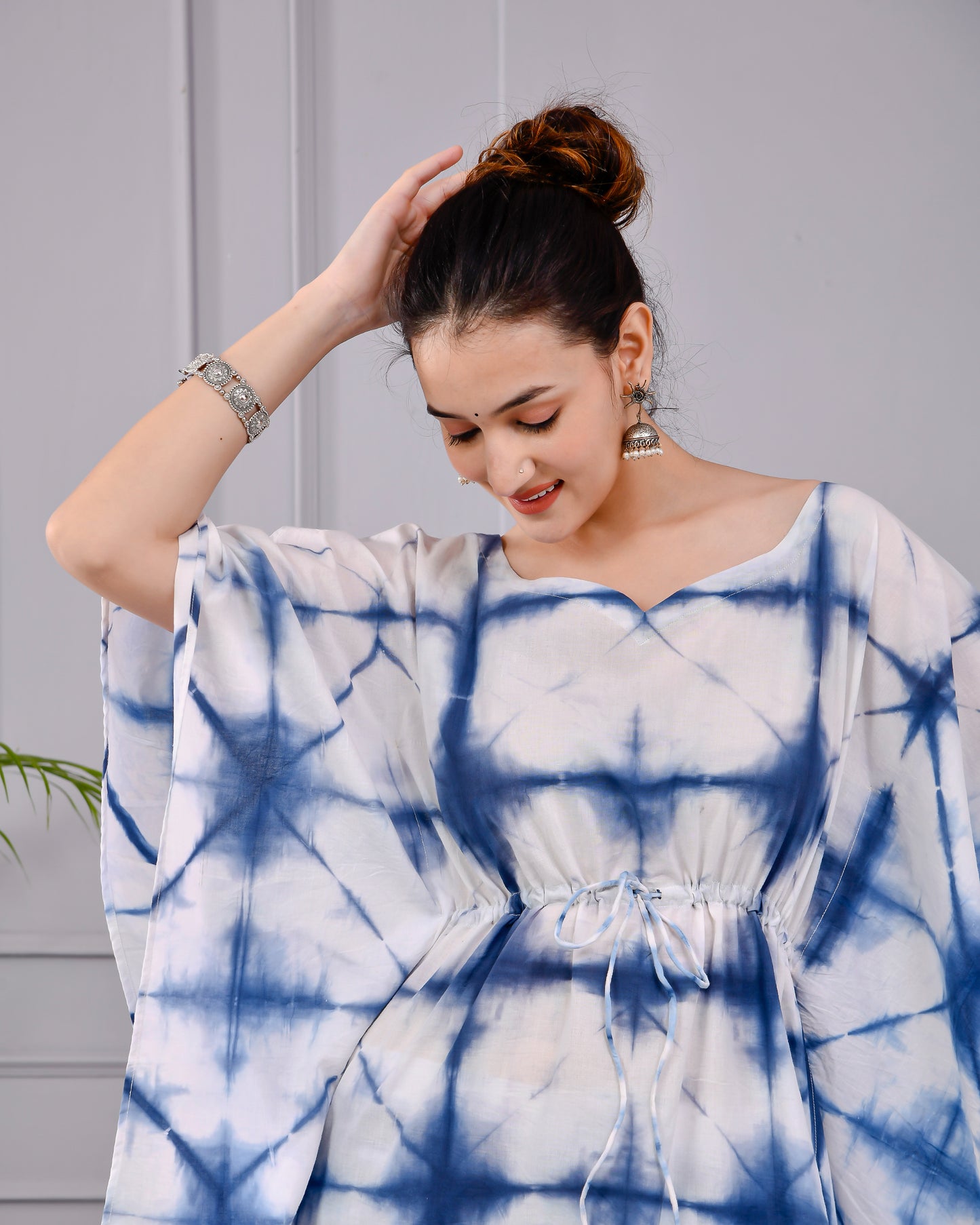 Indigo Shibori Tie-Dye Kaftan Set | Hand Dyed Cotton Co-ord Set | Drawstring Tunic & Pants | Summer Resort Wear for Women (XS–5XL)