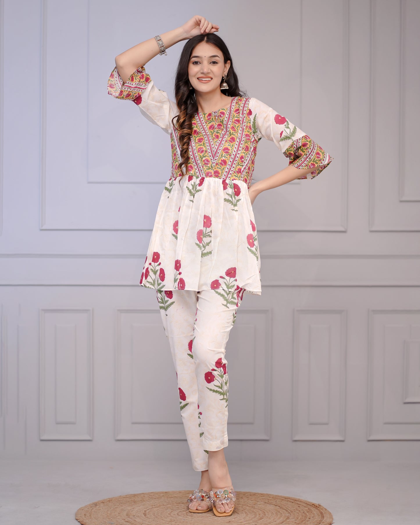 Gulbagh Block Print White Floral Cord Set