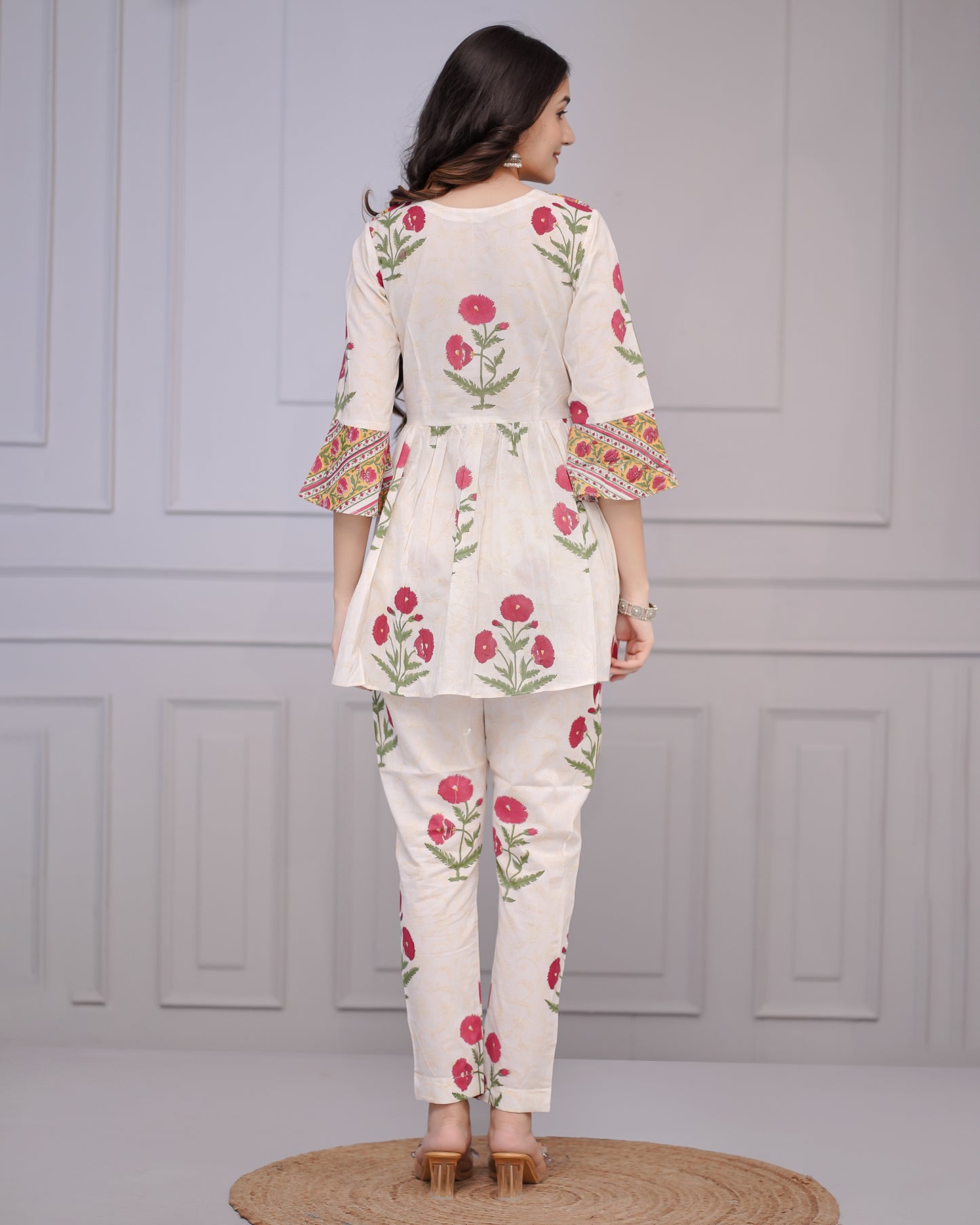 Gulbagh Block Print White Floral Cord Set