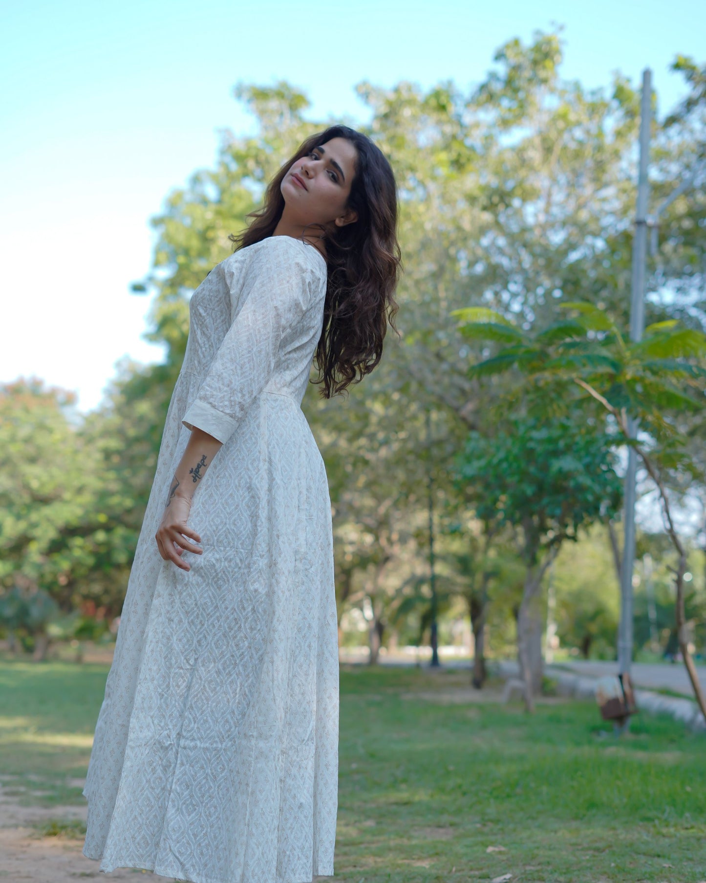 Noor Khari Handblock Pure Cotton Anarkali Dress for Women | Elegant White Flared Dress