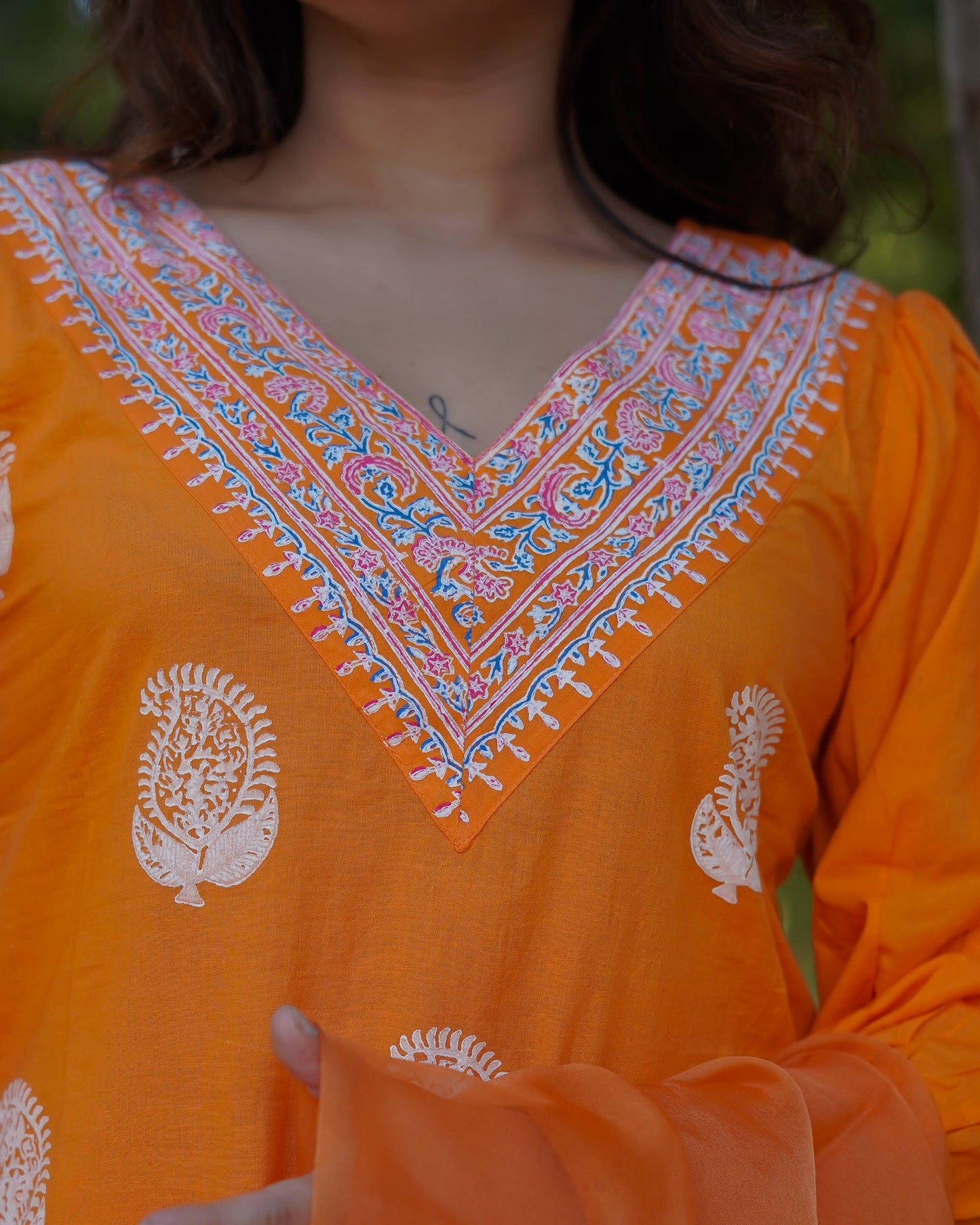 Tara – Marigold Glow Handblock Khari Printed Cotton Suit Set with Organza Dupatta