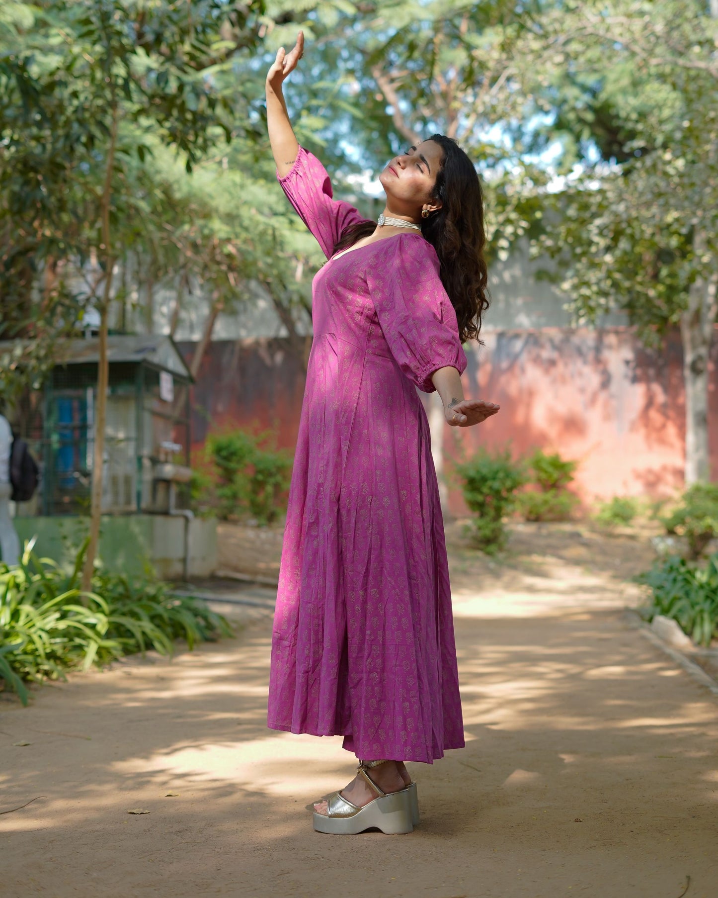 Aasha Pure Cotton Handblock Gold Print Long Dress – Ethnic Flared Dress