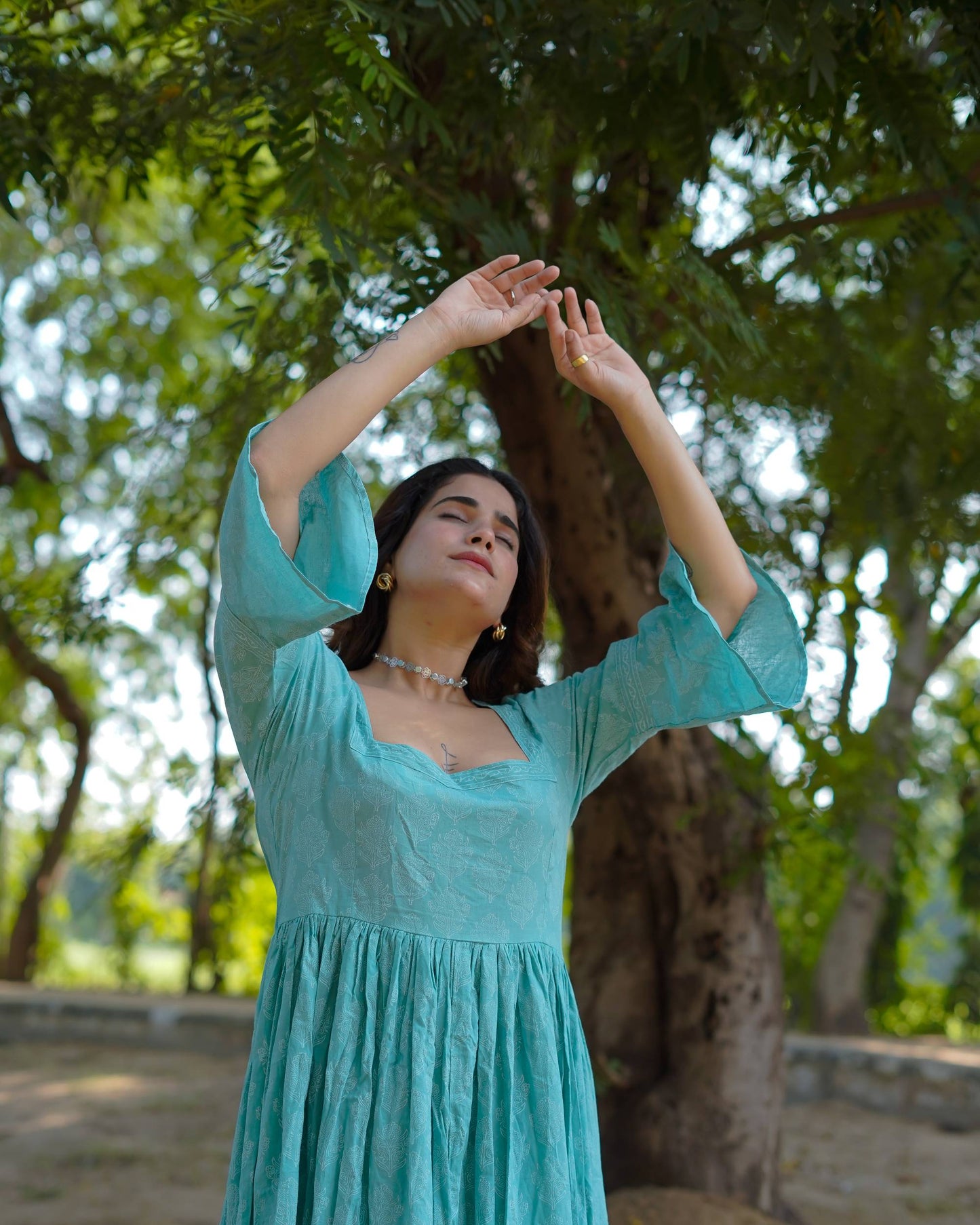 Aarini – Aqua Bloom Handblock Khari Printed Cotton Dress