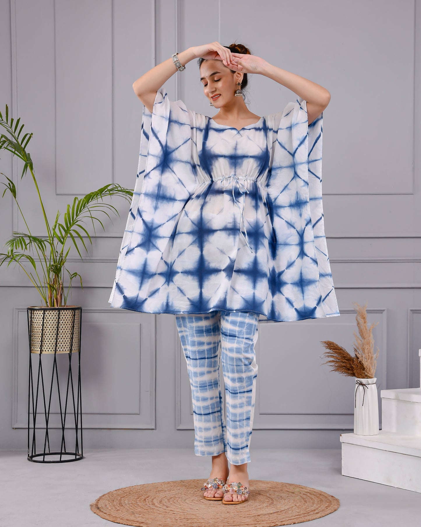 Indigo Shibori Tie-Dye Kaftan Set | Hand Dyed Cotton Co-ord Set | Drawstring Tunic & Pants | Summer Resort Wear for Women (XS–5XL)