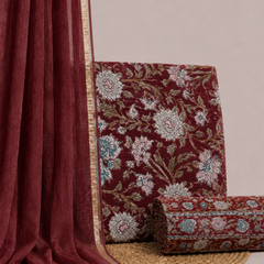 Crimson Red With Purple Printed Cotton Fabric for Suits, Kurtis, Co-Ord Sets, Dresses & Ethnic Wear.