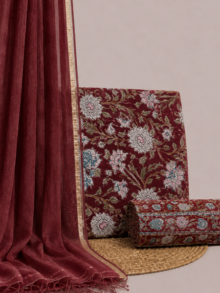 Crimson Red With Purple Printed Cotton Fabric for Suits, Kurtis, Co-Ord Sets, Dresses & Ethnic Wear.