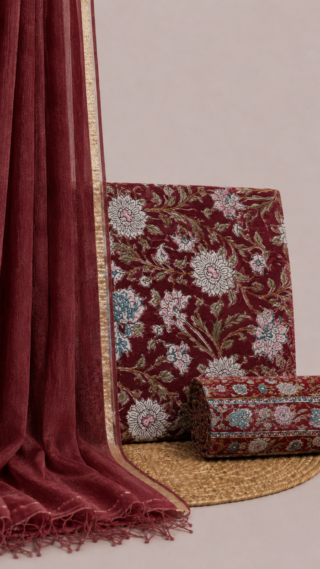 Crimson Red With Purple Printed Cotton Fabric for Suits, Kurtis, Co-Ord Sets, Dresses & Ethnic Wear.