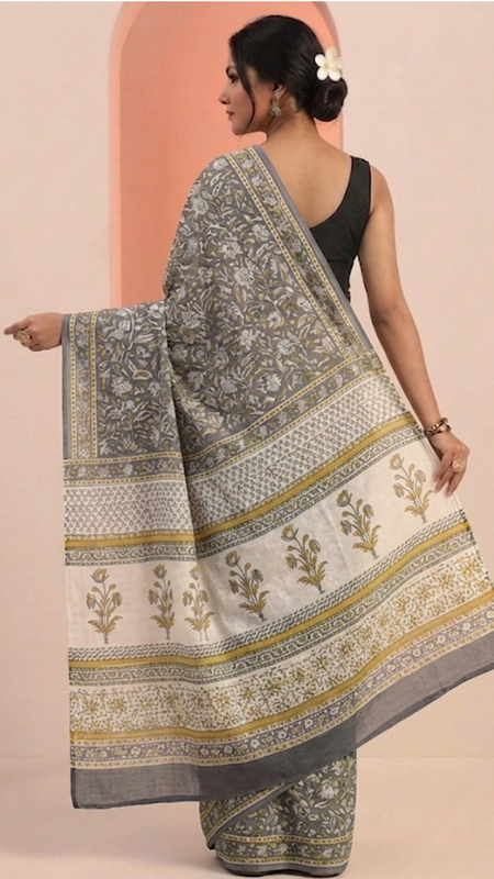 Mandira Grey Floral Cotton Saree