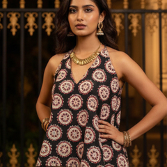 Black Printed Cotton Halter Neck Top