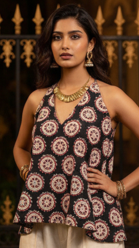 Black Printed Cotton Halter Neck Top