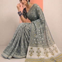 Mandira Grey Floral Cotton Saree
