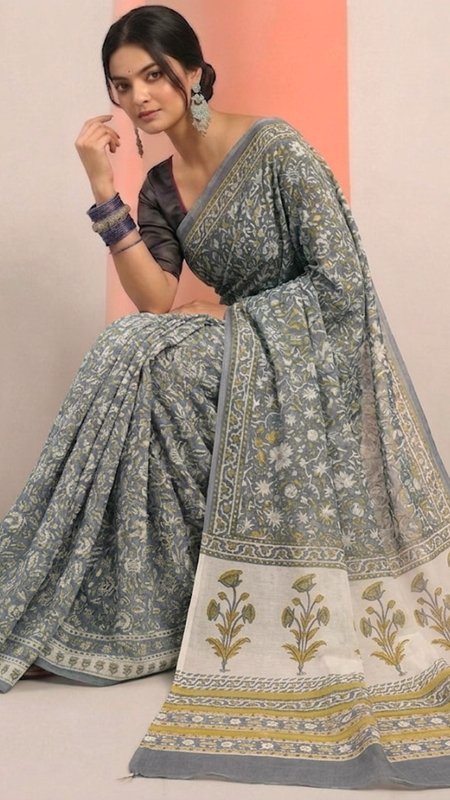 Mandira Grey Floral Cotton Saree