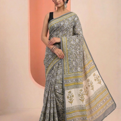 Mandira Grey Floral Cotton Saree