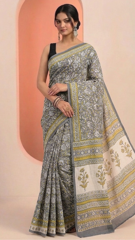 Mandira Grey Floral Cotton Saree
