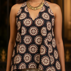 Black Printed Cotton Halter Neck Top