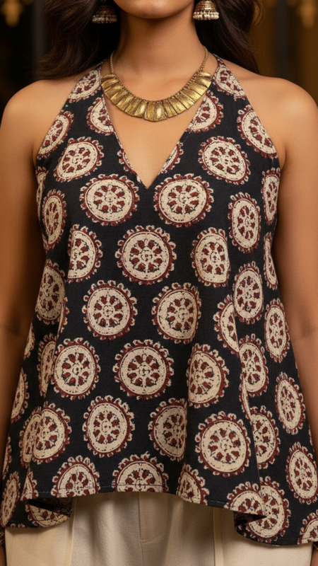 Black Printed Cotton Halter Neck Top