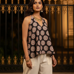 Black Printed Cotton Halter Neck Top
