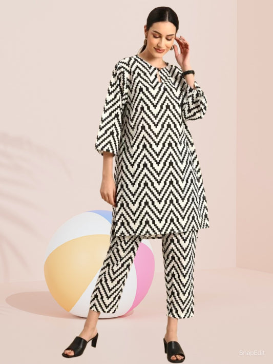 Women's Black &amp; White Zigzag Printed Cotton Co-Ord Set | Trendy Kurta Pant Set | Modern Ethnic &amp; Casual Wear