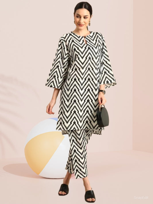 Women's Black &amp; White Zigzag Printed Cotton Co-Ord Set | Trendy Kurta Pant Set | Modern Ethnic &amp; Casual Wear