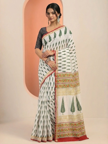 Leheriya Noor White Printed Floral Saree