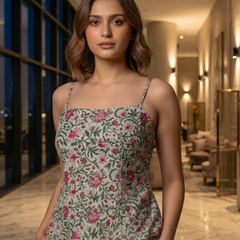 Sage Green Floral Printed Cotton Sleeveless Top