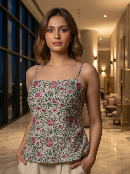 Sage Green Floral Printed Cotton Sleeveless Top