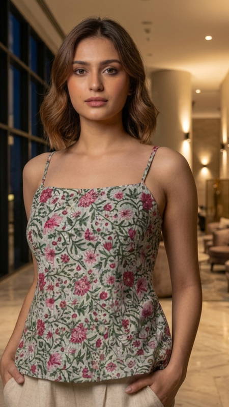 Sage Green Floral Printed Cotton Sleeveless Top