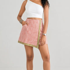 Red & White Striped Printed Wrap Skort