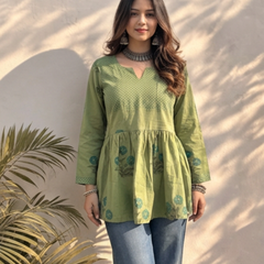 Olive Green Handblock Printed Cotton Peplum Top