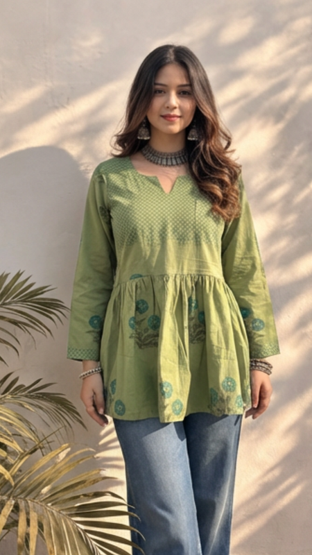 Olive Green Handblock Printed Cotton Peplum Top