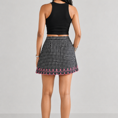 Black Pink Squared Embroidery Skort