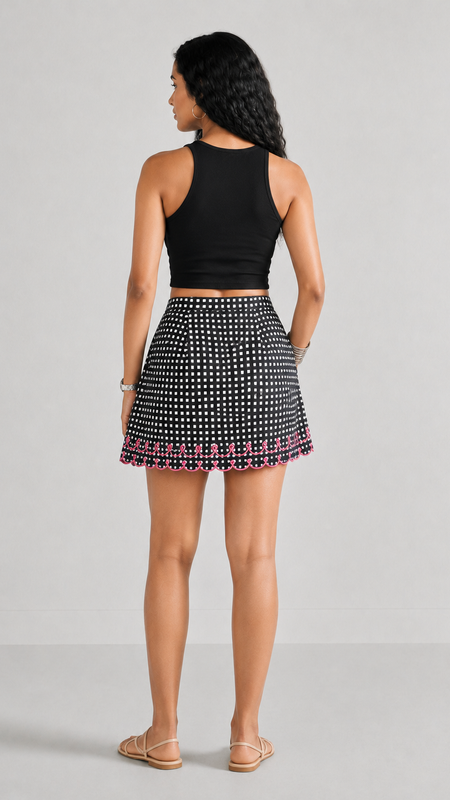 Black Pink Squared Embroidery Skort