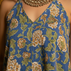 Blue Floral Handblock Printed Cotton Halter Neck Top