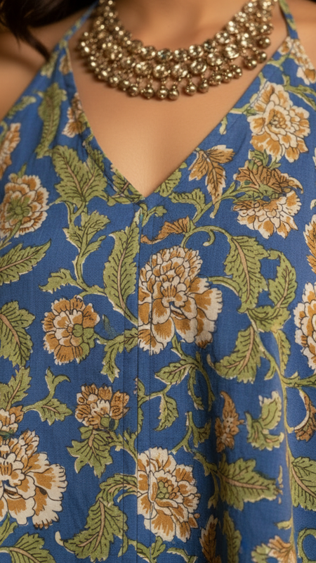 Blue Floral Handblock Printed Cotton Halter Neck Top