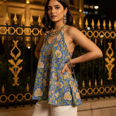 Blue Floral Handblock Printed Cotton Halter Neck Top