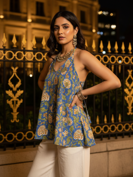 Blue Floral Handblock Printed Cotton Halter Neck Top