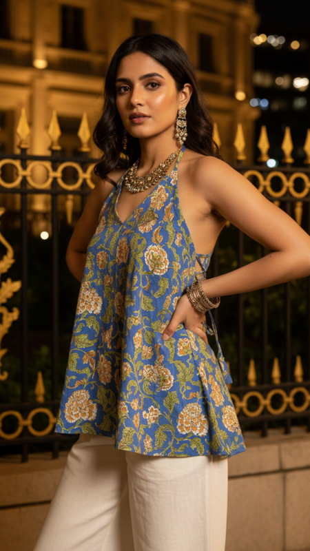 Blue Floral Handblock Printed Cotton Halter Neck Top